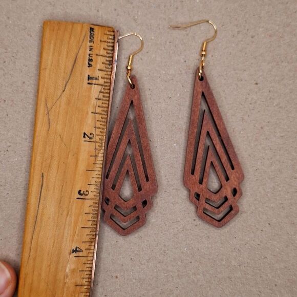 Brown abstract long drop earring geometric shape jewelry - Picture 2 of 3